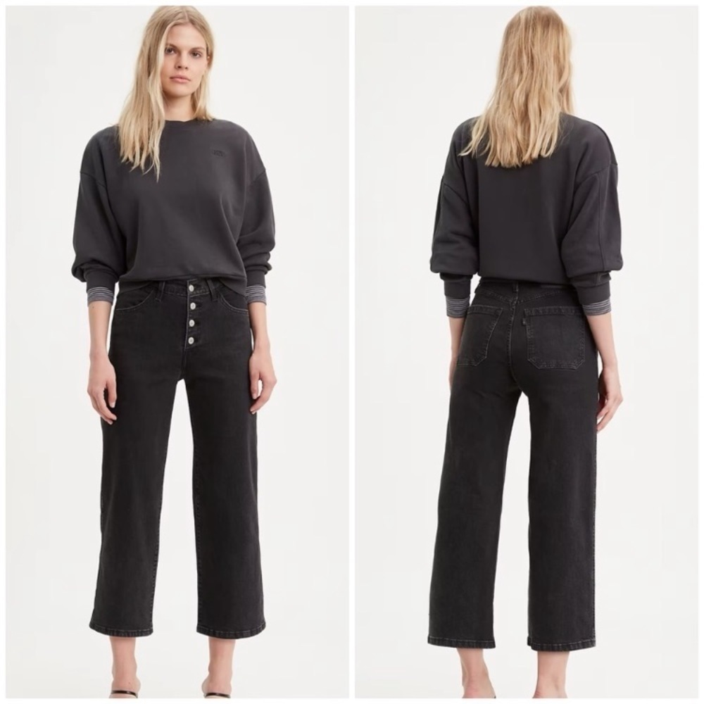 Levi’s Mile High Cropped Wide Leg Jeans in Dust and Ash Black Exposed Buttons